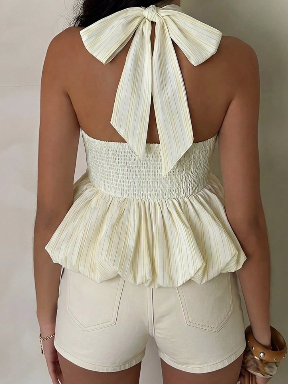 White Boho Women's Stripe Halter Top with Buckle, Smocked Back, Flared Hem - Picture 2 of 6